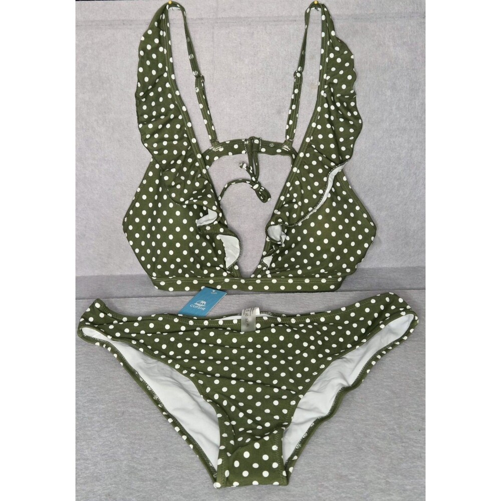 CUPSHE Olive Green White Polka Dot Bikini Sz XL Ruffle Plunge 2 Pc Swimwear NWT